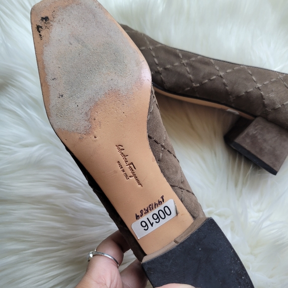 Ferragamo Suede Quilted Block Heel Pumps - Picture 8 of 10